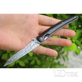 Long-billed crane damascus steel folding knife with natural old tree ebony handle UD2106537